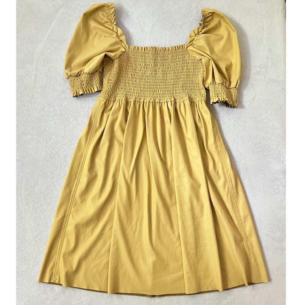 7 For All Mankind Dress Mustard Yellow Faux Leather Smocked Puff‎ Sleeve M